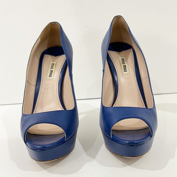 Miu Miu royal Blue Leather Peep Toe Platform Pumps Sz 38.5 US 8 - Picture 3 of 14